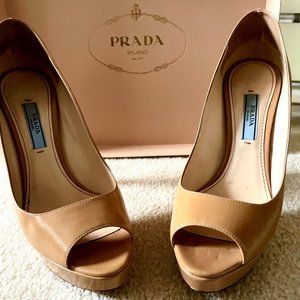 PRADA Patent Leather Open Toe Pump Heels Cammeo
